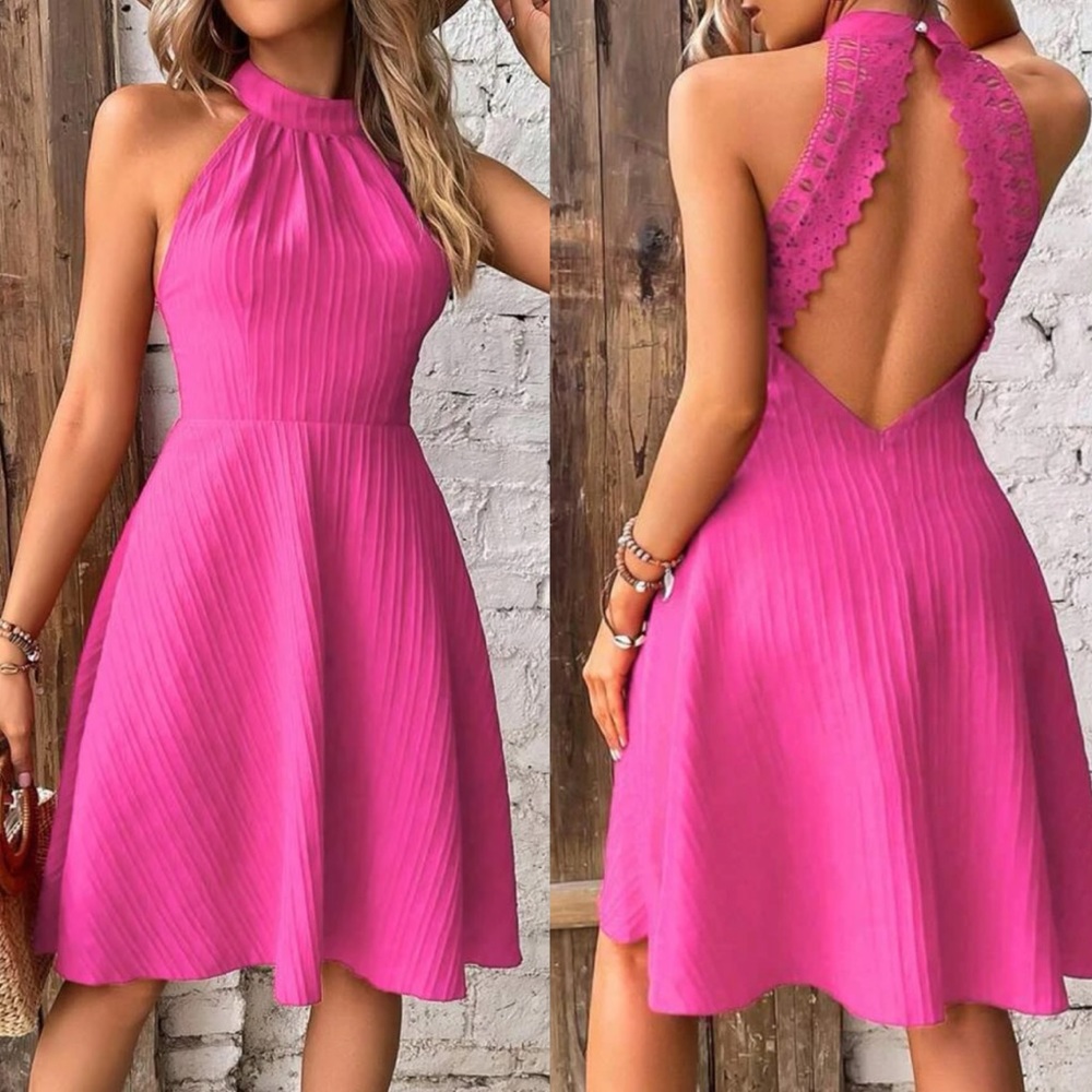 Boho lace panel open back halter dress - Picture 1 of 7